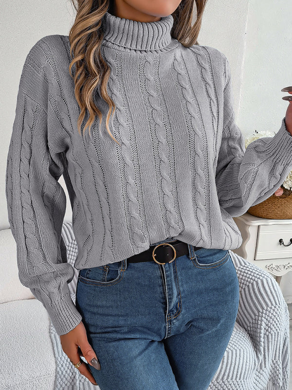 Sweaters- Cable Knit Autumn/Winter Turtleneck Sweater with Lantern Sleeves- - Pekosa Women Clothing