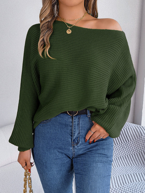 Sweaters- Casual Autumn-Winter Knit Batwing Sleeve Boatneck Sweater- - Pekosa Women Clothing