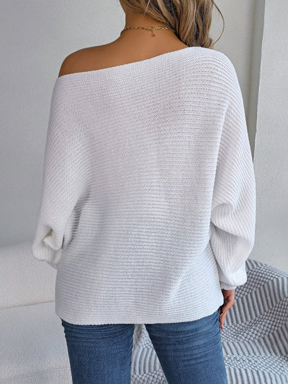 Sweaters- Casual Autumn-Winter Knit Batwing Sleeve Boatneck Sweater- - Pekosa Women Clothing