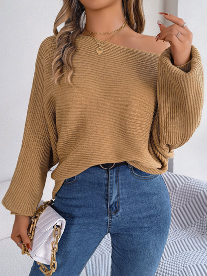 Sweaters- Casual Autumn-Winter Knit Batwing Sleeve Boatneck Sweater- - Pekosa Women Clothing