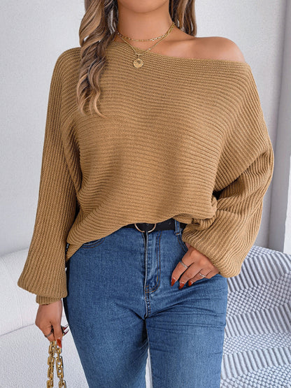 Sweaters- Casual Autumn-Winter Knit Batwing Sleeve Boatneck Sweater- - Pekosa Women Clothing