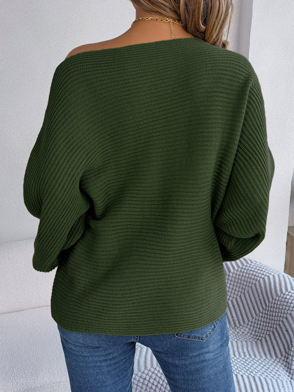 Sweaters- Casual Autumn-Winter Knit Batwing Sleeve Boatneck Sweater- - Pekosa Women Clothing