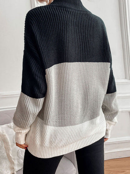 Sweaters- Classy Color Block Sweater: High Neck Knitwear- - Pekosa Women Clothing