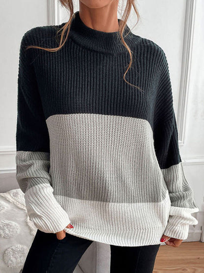 Sweaters- Classy Color Block Sweater: High Neck Knitwear- - Pekosa Women Clothing