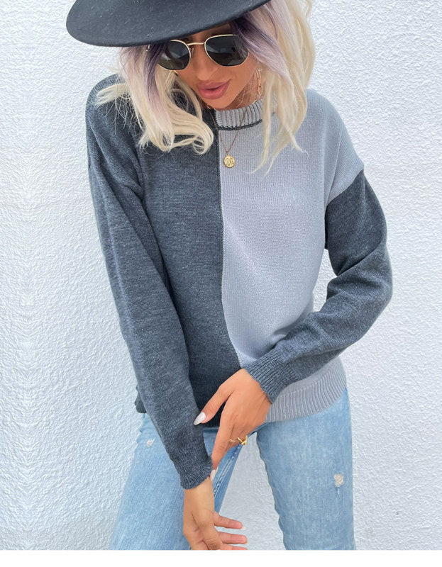 Sweaters- Color Block Sweater: Round Neck Knitwear- Grey- Pekosa Women Clothing