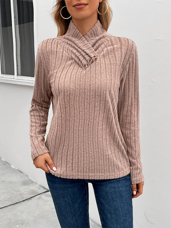 Sweaters- Cozy Ribbed Knit Stand Collar Sweater Top- - Pekosa Women Clothing