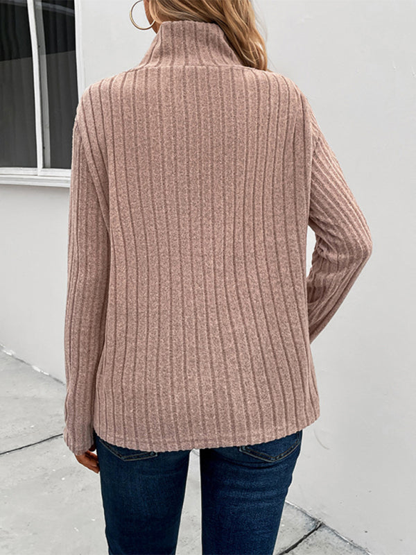 Sweaters- Cozy Ribbed Knit Stand Collar Sweater Top- - Pekosa Women Clothing