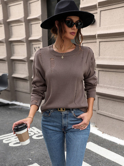 Sweaters- Distressed Knit Sweater for Any Occasion- - Pekosa Women Clothing