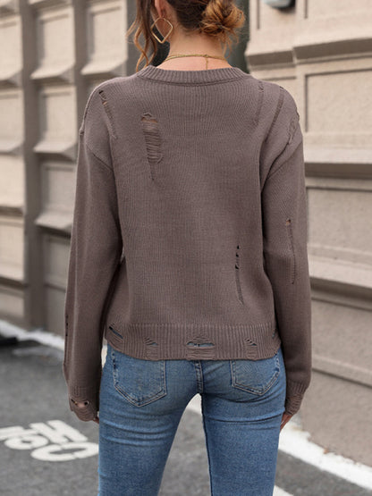 Sweaters- Distressed Knit Sweater for Any Occasion- - Pekosa Women Clothing