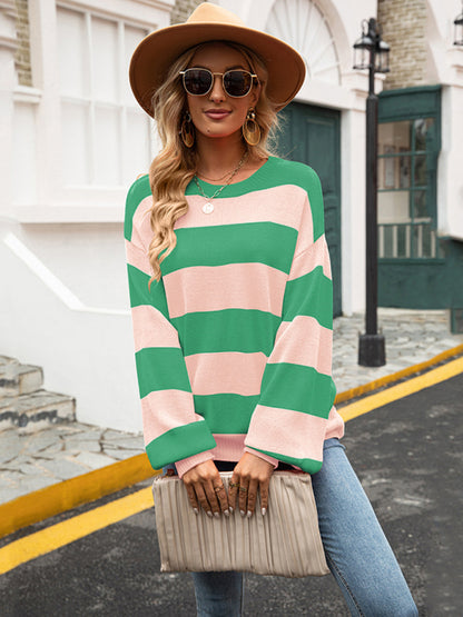 Sweaters- Drop Shoulder Striped Sweater | Casual Knit Jumper- - Pekosa Women Clothing