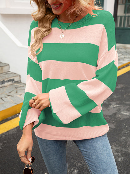 Sweaters- Drop Shoulder Striped Sweater | Casual Knit Jumper- - Pekosa Women Clothing