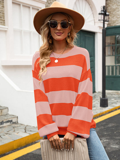 Sweaters- Drop Shoulder Striped Sweater | Casual Knit Jumper- - Pekosa Women Clothing