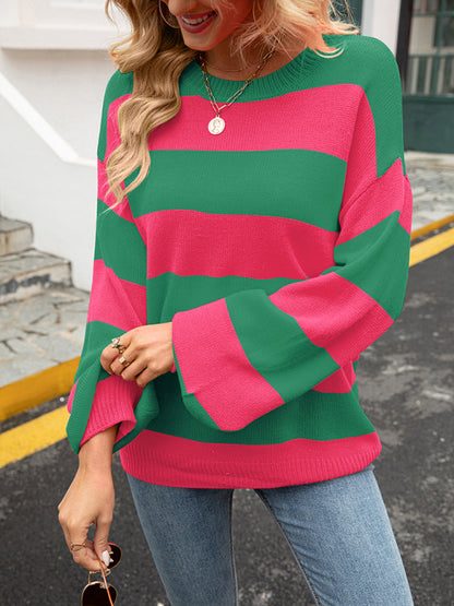 Sweaters- Drop Shoulder Striped Sweater | Casual Knit Jumper- - Pekosa Women Clothing