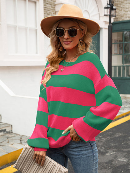 Sweaters- Drop Shoulder Striped Sweater | Casual Knit Jumper- - Pekosa Women Clothing