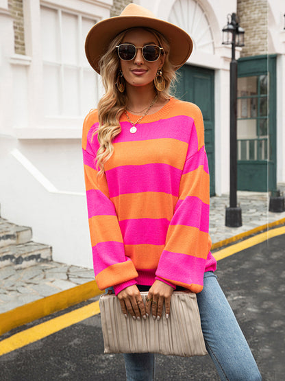 Sweaters- Drop Shoulder Striped Sweater | Casual Knit Jumper- - Pekosa Women Clothing