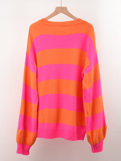 Sweaters- Drop Shoulder Striped Sweater | Casual Knit Jumper- - Pekosa Women Clothing