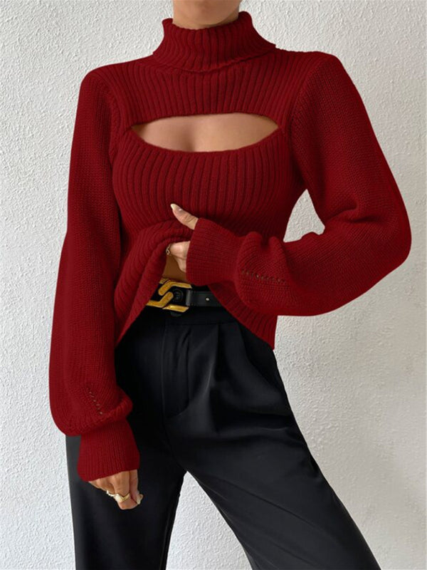 Sweaters- Elegant Rib-Knit Turtleneck Sweater with Cutout Front- - Pekosa Women Clothing