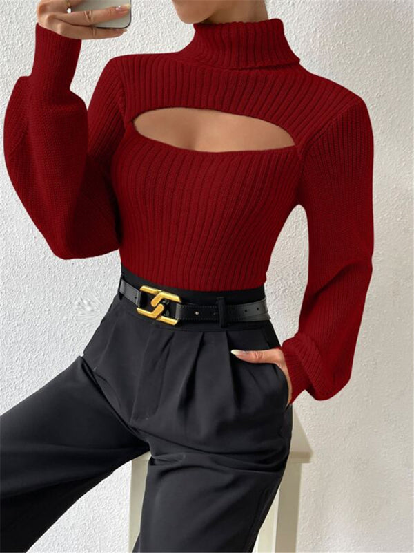 Sweaters- Elegant Rib-Knit Turtleneck Sweater with Cutout Front- - Pekosa Women Clothing