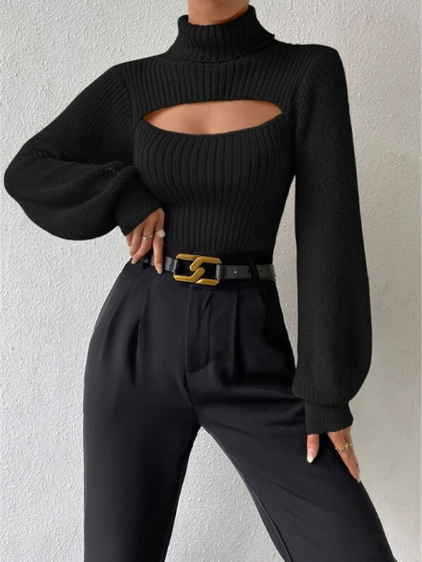Sweaters- Elegant Rib-Knit Turtleneck Sweater with Cutout Front- Black- Pekosa Women Clothing