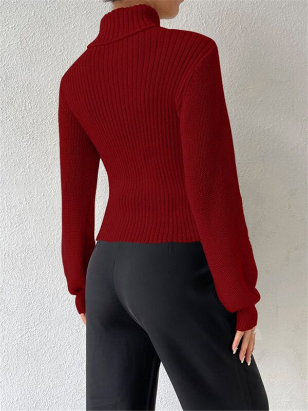 Sweaters- Elegant Rib-Knit Turtleneck Sweater with Cutout Front- - Pekosa Women Clothing