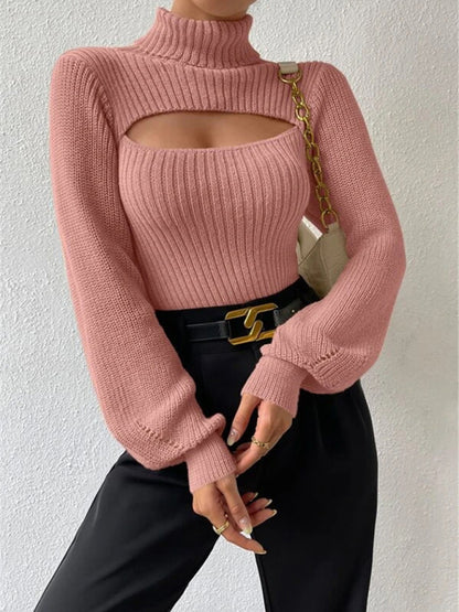 Sweaters- Elegant Rib-Knit Turtleneck Sweater with Cutout Front- - Pekosa Women Clothing