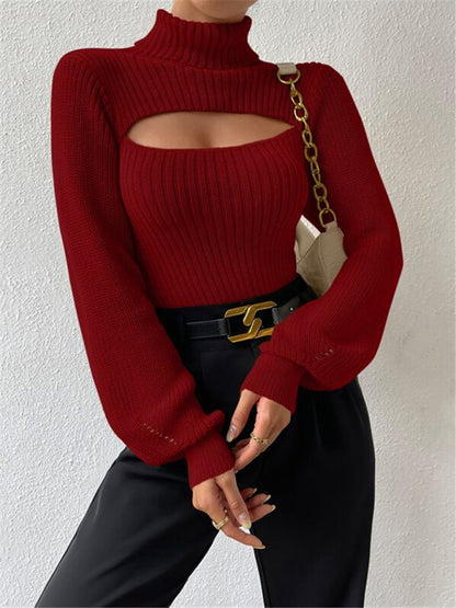 Sweaters- Elegant Rib-Knit Turtleneck Sweater with Cutout Front- - Pekosa Women Clothing