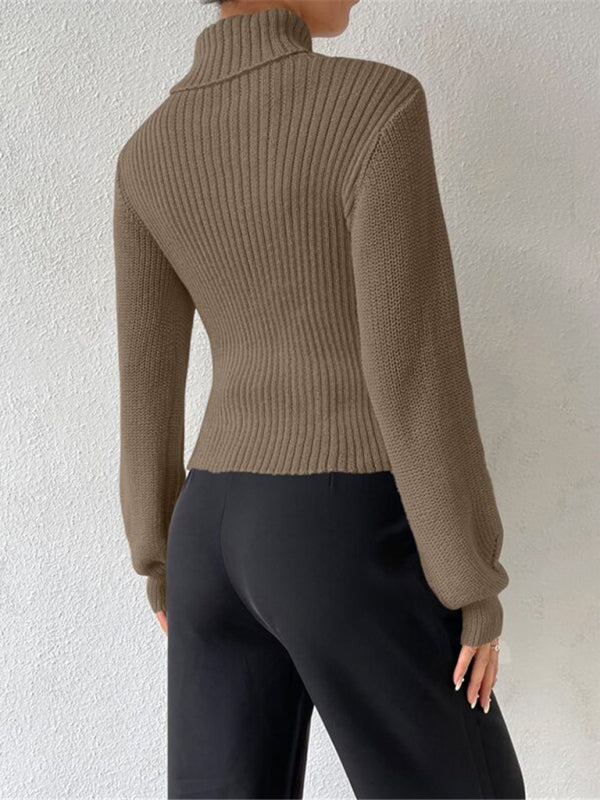 Sweaters- Elegant Rib-Knit Turtleneck Sweater with Cutout Front- - Pekosa Women Clothing
