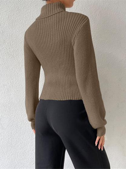 Sweaters- Elegant Rib-Knit Turtleneck Sweater with Cutout Front- - Pekosa Women Clothing