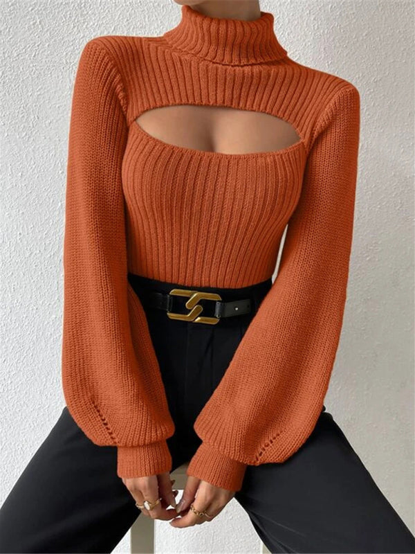 Sweaters- Elegant Rib-Knit Turtleneck Sweater with Cutout Front- - Pekosa Women Clothing