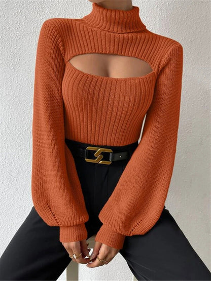 Sweaters- Elegant Rib-Knit Turtleneck Sweater with Cutout Front- - Pekosa Women Clothing