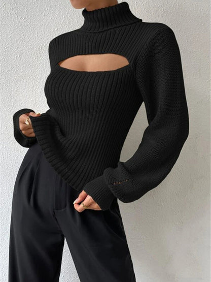 Sweaters- Elegant Rib-Knit Turtleneck Sweater with Cutout Front- - Pekosa Women Clothing
