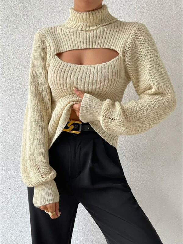 Sweaters- Elegant Rib-Knit Turtleneck Sweater with Cutout Front- - Pekosa Women Clothing