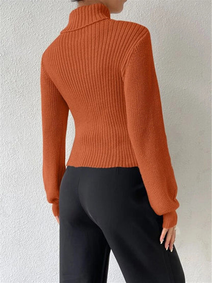Sweaters- Elegant Rib-Knit Turtleneck Sweater with Cutout Front- - Pekosa Women Clothing