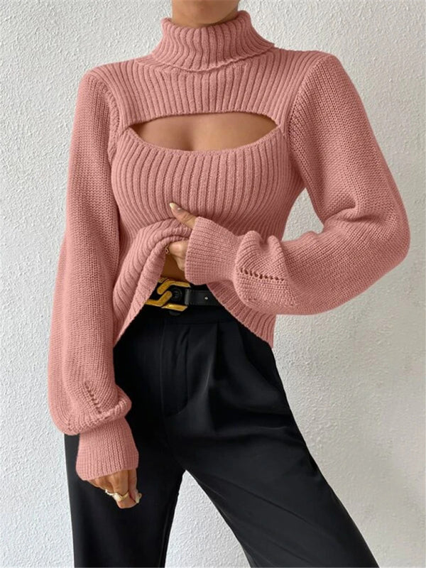 Sweaters- Elegant Rib-Knit Turtleneck Sweater with Cutout Front- - Pekosa Women Clothing