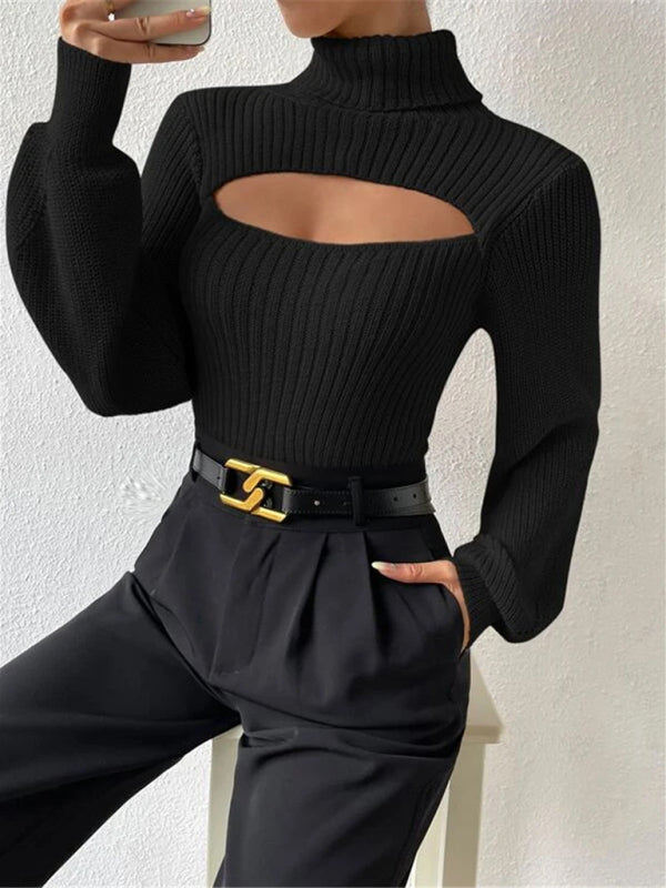 Sweaters- Elegant Rib-Knit Turtleneck Sweater with Cutout Front- - Pekosa Women Clothing