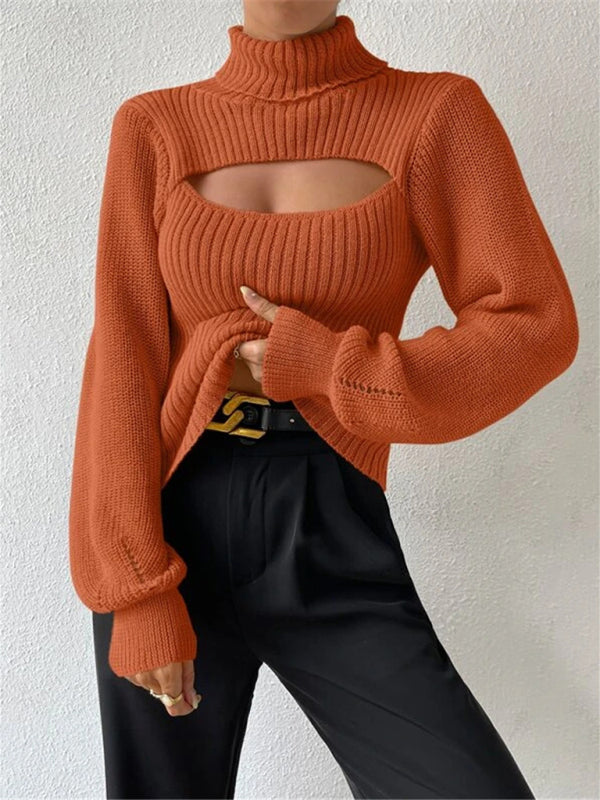 Sweaters- Elegant Rib-Knit Turtleneck Sweater with Cutout Front- - Pekosa Women Clothing