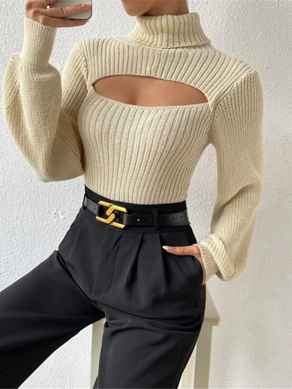 Sweaters- Elegant Rib-Knit Turtleneck Sweater with Cutout Front- - Pekosa Women Clothing