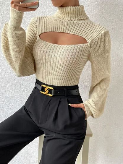 Sweaters- Elegant Rib-Knit Turtleneck Sweater with Cutout Front- - Pekosa Women Clothing