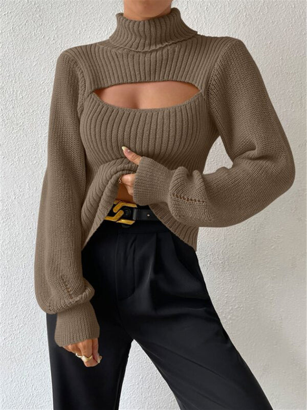 Sweaters- Elegant Rib-Knit Turtleneck Sweater with Cutout Front- - Pekosa Women Clothing