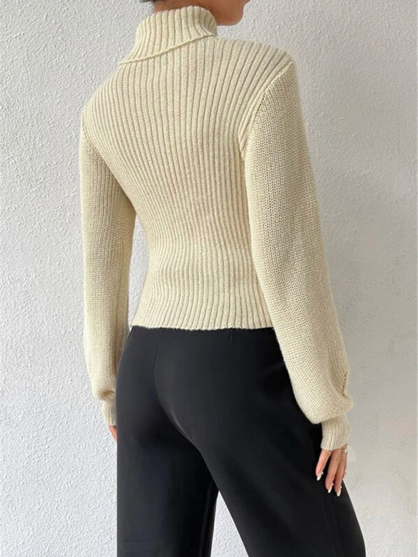 Sweaters- Elegant Rib-Knit Turtleneck Sweater with Cutout Front- - Pekosa Women Clothing