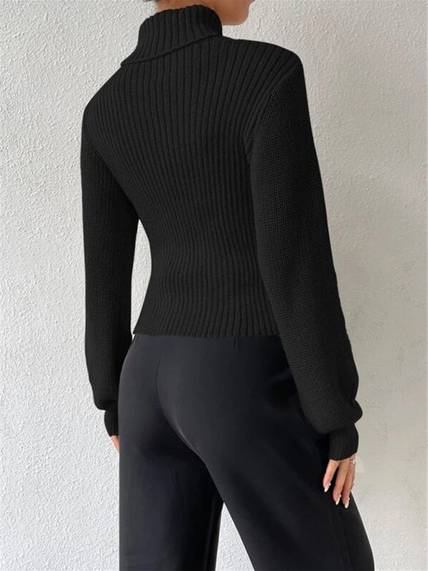 Sweaters- Elegant Rib-Knit Turtleneck Sweater with Cutout Front- - Pekosa Women Clothing