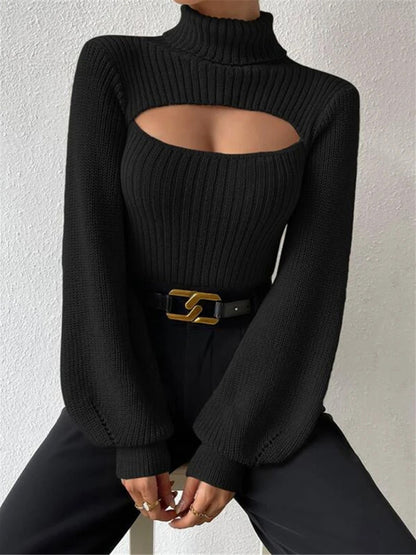 Sweaters- Elegant Rib-Knit Turtleneck Sweater with Cutout Front- - Pekosa Women Clothing