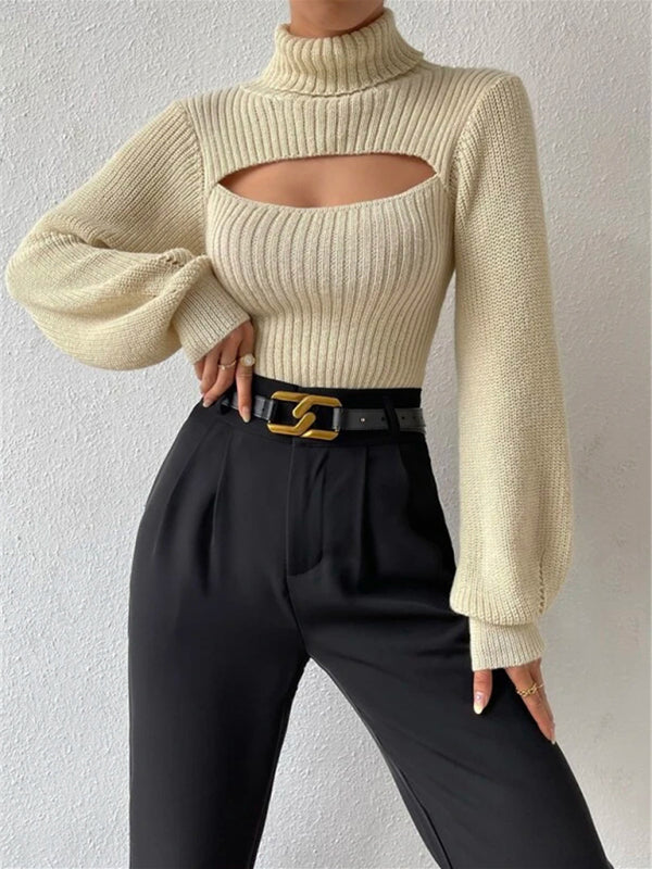 Sweaters- Elegant Rib-Knit Turtleneck Sweater with Cutout Front- Cracker khaki- Pekosa Women Clothing