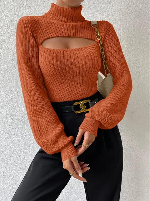 Sweaters- Elegant Rib-Knit Turtleneck Sweater with Cutout Front- - Pekosa Women Clothing