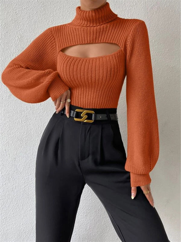 Sweaters- Elegant Rib-Knit Turtleneck Sweater with Cutout Front- Orange- Pekosa Women Clothing
