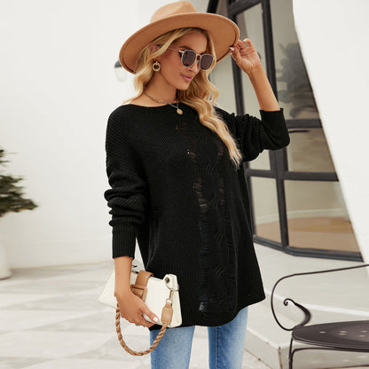 Sweaters- Fashionably Chic: Knit Mesh Insert Sweater - Long Knitwear for Women- Black- Pekosa Women Clothing