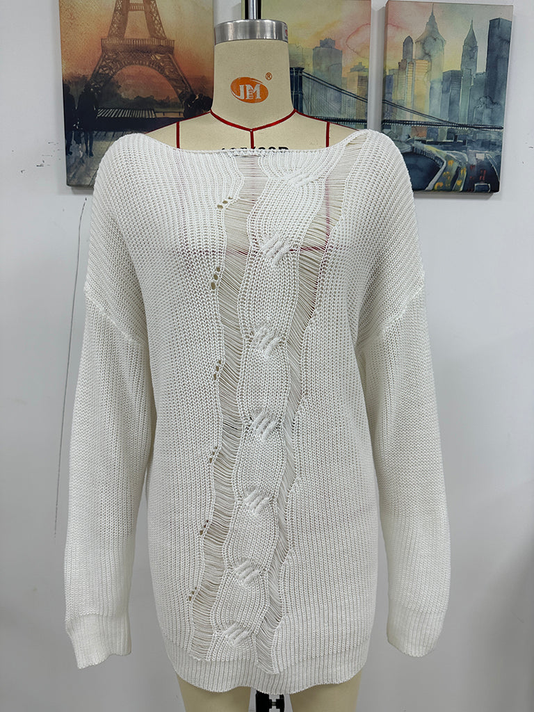Sweaters- Fashionably Chic: Knit Mesh Insert Sweater - Long Knitwear for Women- - Pekosa Women Clothing
