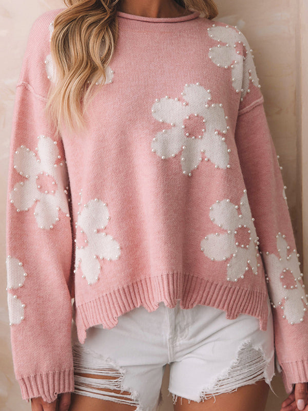 Sweaters- Floral Cozy Knit Oversized Sweater with Pearls- - Pekosa Women Clothing