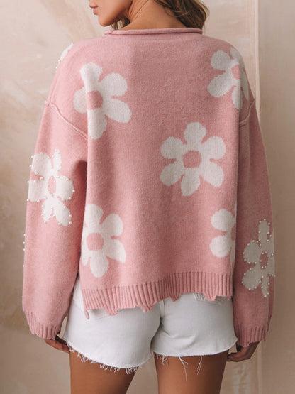 Sweaters- Floral Cozy Knit Oversized Sweater with Pearls- - Pekosa Women Clothing