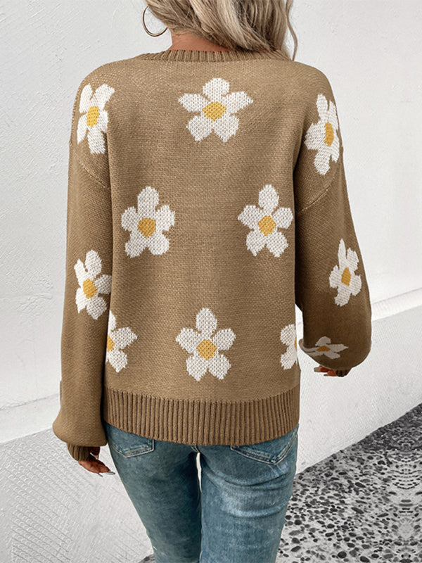 Sweaters- Floral Knitted Drop Shoulder Lantern Sleeve Sweater Jumper- - Pekosa Women Clothing